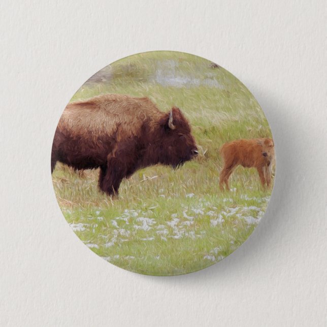 Bison and Calf in Yellowstone 6 Cm Round Badge (Front)