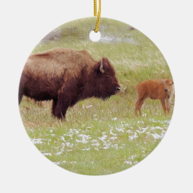 Bison and Calf in Yellowstone Ceramic Ornament (Front)