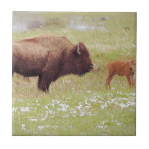 Bison and Calf in Yellowstone Ceramic Tile