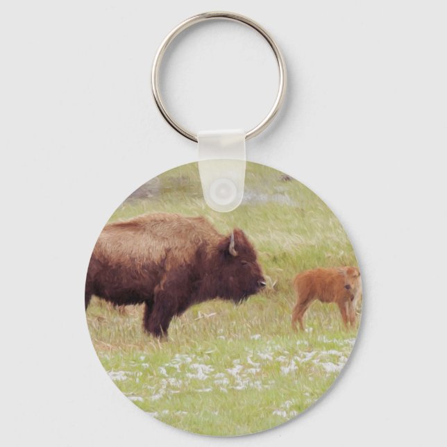 Bison and Calf in Yellowstone Key Ring (Front)