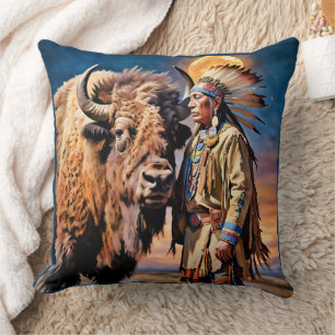Bison and Native American Chief Cushion