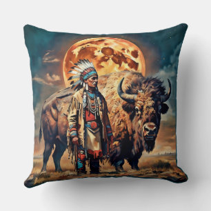 Bison and Native American Chief Cushion