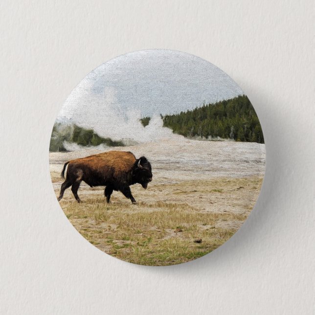 Bison and Old Faithful 6 Cm Round Badge (Front)