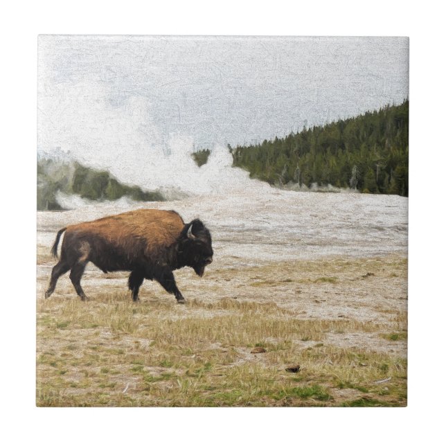 Bison and Old Faithful Ceramic Tile (Front)