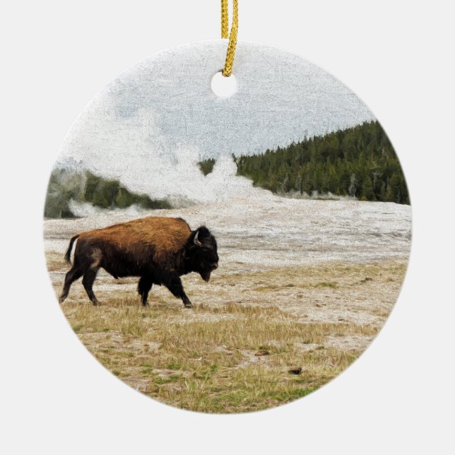 Bison and Old Faithful Ceramic Tree Decoration (Front)