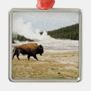 Bison and Old Faithful Metal Ornament