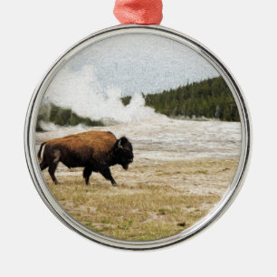 Bison and Old Faithful Metal Tree Decoration