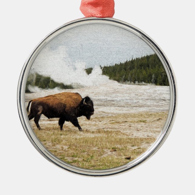 Bison and Old Faithful Metal Tree Decoration (Front)