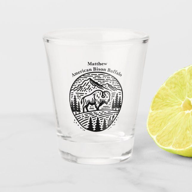 Bison at Sunset in Mountain Landscape Shot Glass (Front)