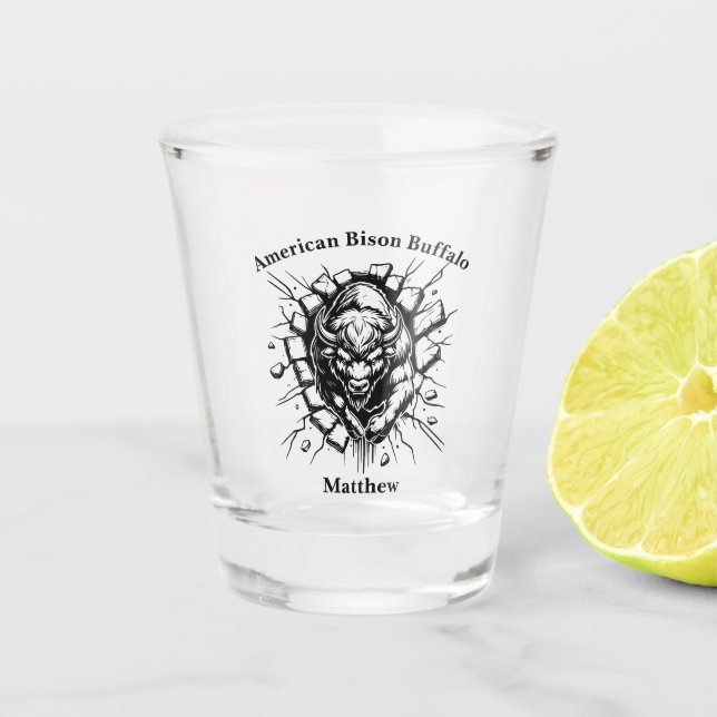 Bison Breaks Through a Wall in a Dynamic Display Shot Glass (Front)