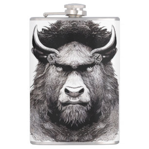 Bison Buffalo Animal Wild Nature Illustration Line Hip Flask
