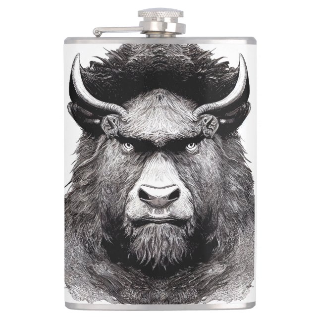 Bison Buffalo Animal Wild Nature Illustration Line Hip Flask (Front)
