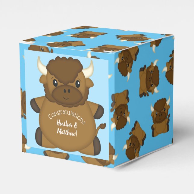 Bison Buffalo Baby Shower Blue Favour Box (Front Side)