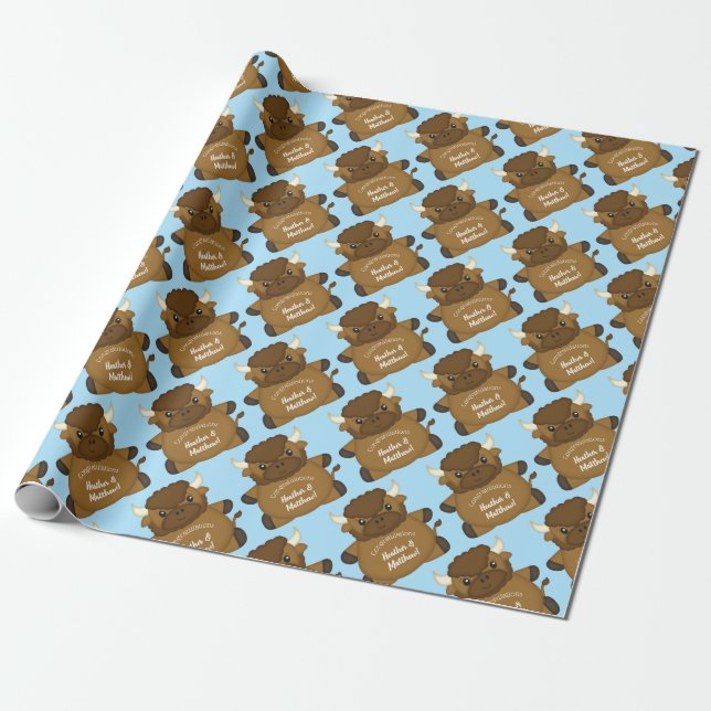 Bison Buffalo Baby Shower Blue Wrapping Paper (Unrolled)