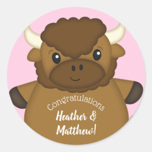 Bison Buffalo Baby Shower Pink Classic Round Sticker