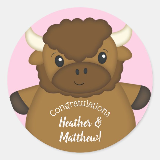Bison Buffalo Baby Shower Pink Classic Round Sticker (Front)