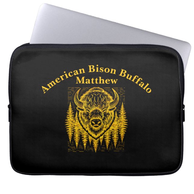 Bison Buffalo Head Illustration Amid Tall Trees Laptop Sleeve (Front)