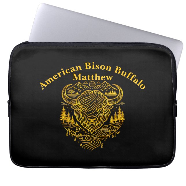 Bison Buffalo Illustration in a Scenic Landscape Laptop Sleeve (Front)