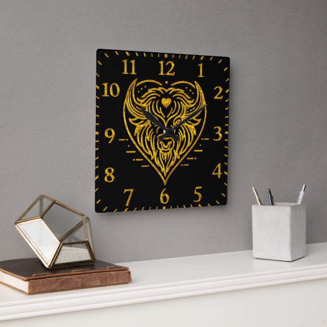 Bison Buffalo Illustration in Heart Shape Design Square Wall Clock (Office)