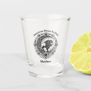 Bison Buffalo in Intricate Floral Design Pattern Shot Glass