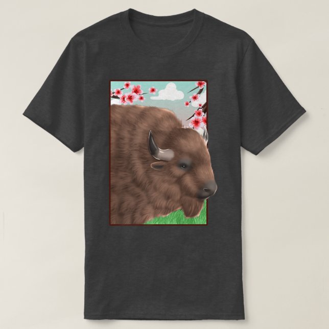 Bison Buffalo Japanese Cherry Blossom Sakura Flowe T-Shirt (Design Front)