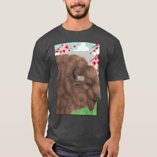 Bison Buffalo Japanese Cherry Blossom Sakura Flowe T-Shirt