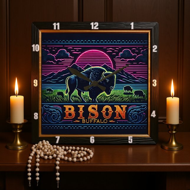 Bison Buffalo Neon Bison Sunset Square Wall Clock (Creator Uploaded)