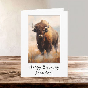Bison Buffalo Portrait Happy Birthday Name Card