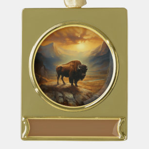 Bison Buffalo Sunset View Gold Plated Banner Ornament