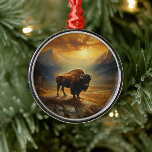 Bison Buffalo Sunset View Metal Ornament
