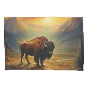 Bison Buffalo Sunset View Painting Pillowcase