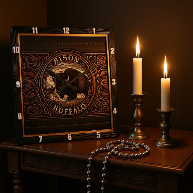 Bison Buffalo Tooled Buffalo Sunset Square Wall Clock (Creator Uploaded)