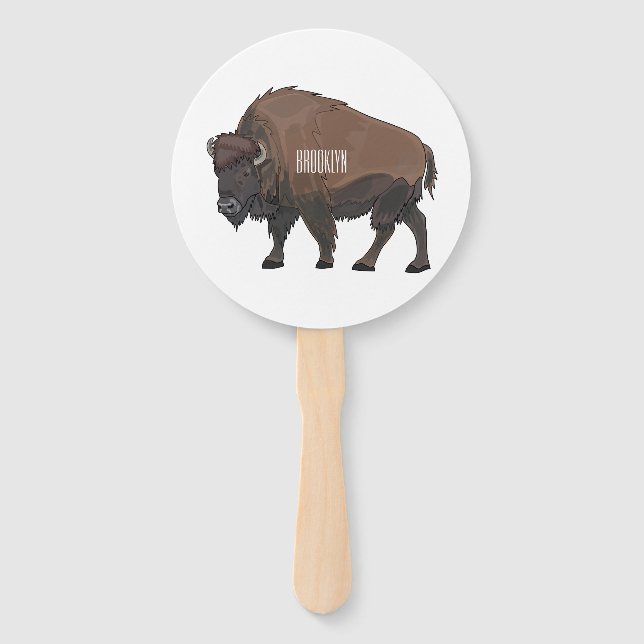 Bison cartoon illustration hand fan (Front)