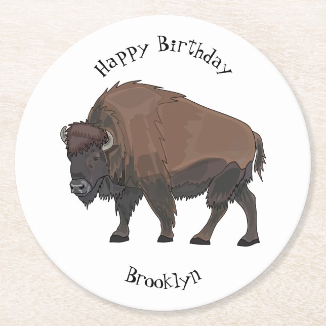 Bison cartoon illustration round paper coaster (Front)