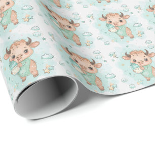 Bison Cute Baby Pastel Watercolor Pattern Wrapping Paper