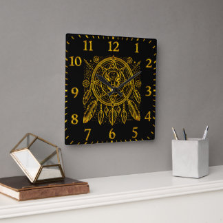 Bison Design With Feathers and Geometric Patterns Square Wall Clock