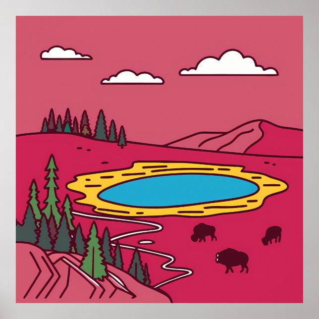 Bison Graze by Geothermal Pool in Yellowstone Poster (Front)