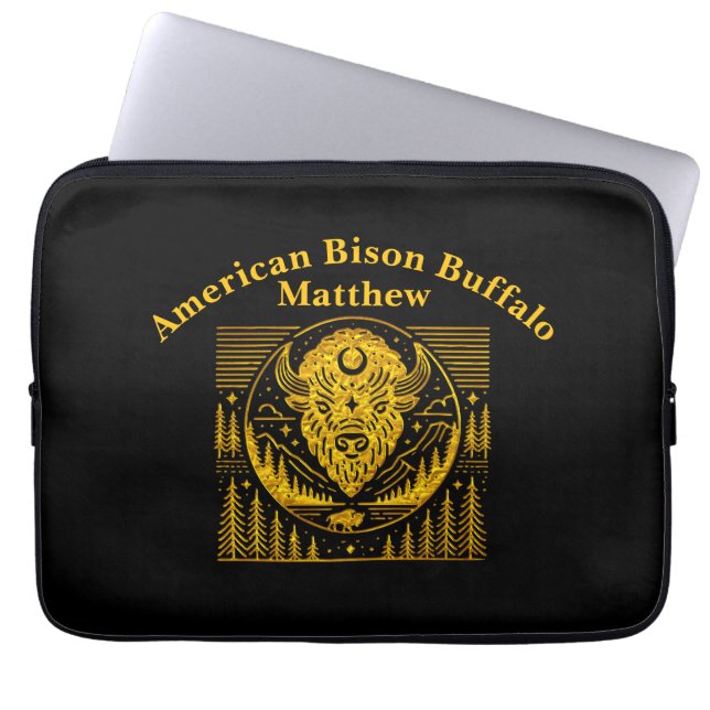 Bison Head Silhouette Against Mountain Background Laptop Sleeve (Front)