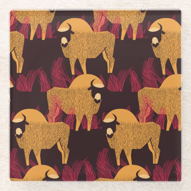 Bison High Grass: Field Pattern. Glass Coaster (Front)
