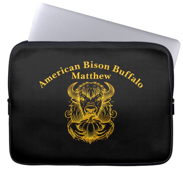 Bison Holding a Pumpkin in Detailed Illustration Laptop Sleeve (Front)