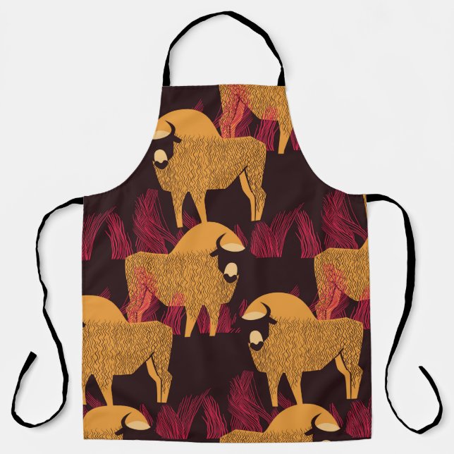 Bison in a field in high grass seamless pattern apron (Front)