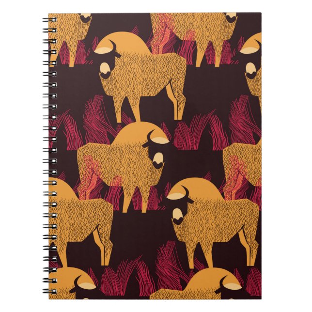 Bison in a field in high grass seamless pattern notebook (Front)