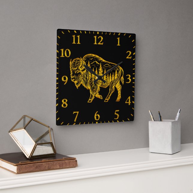 Bison in a Forest Illustration Square Wall Clock (Office)