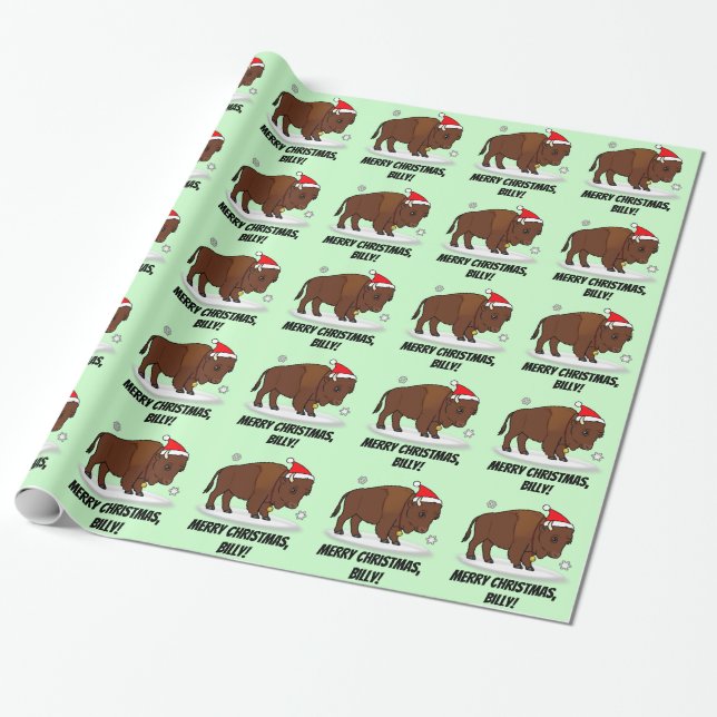 Bison in a Santa Hat at Holidays Name Customisable Wrapping Paper (Unrolled)