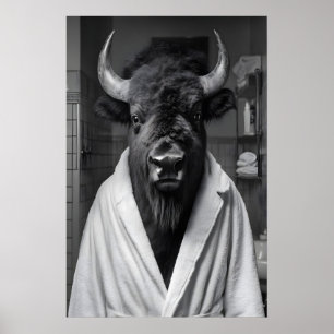 Bison in Bathrobe Art Print, Funny Bathroom Poster