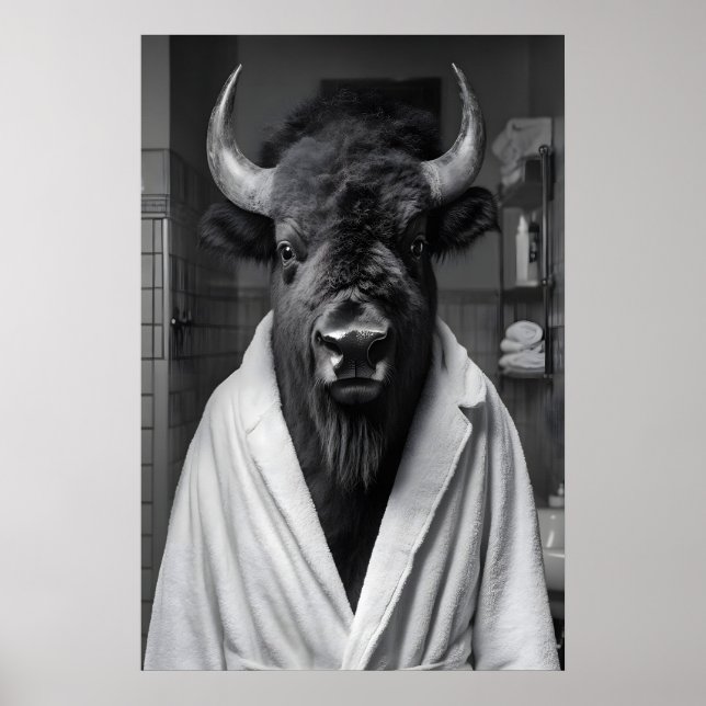 Bison in Bathrobe Art Print, Funny Bathroom Poster (Front)