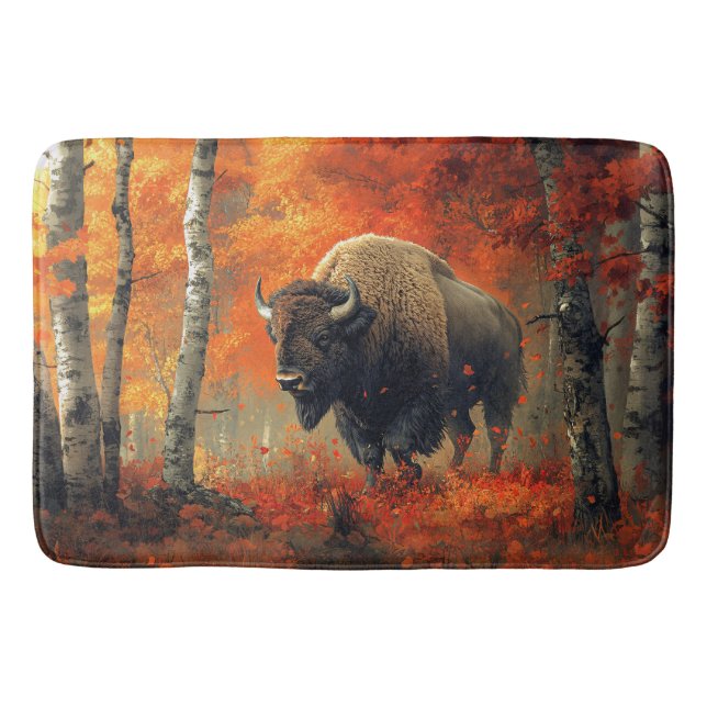 Bison in the Autumn Woods Artwork Bath Mat (Front)
