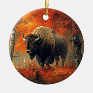 Bison in the Autumn Woods Artwork Ceramic Ornament