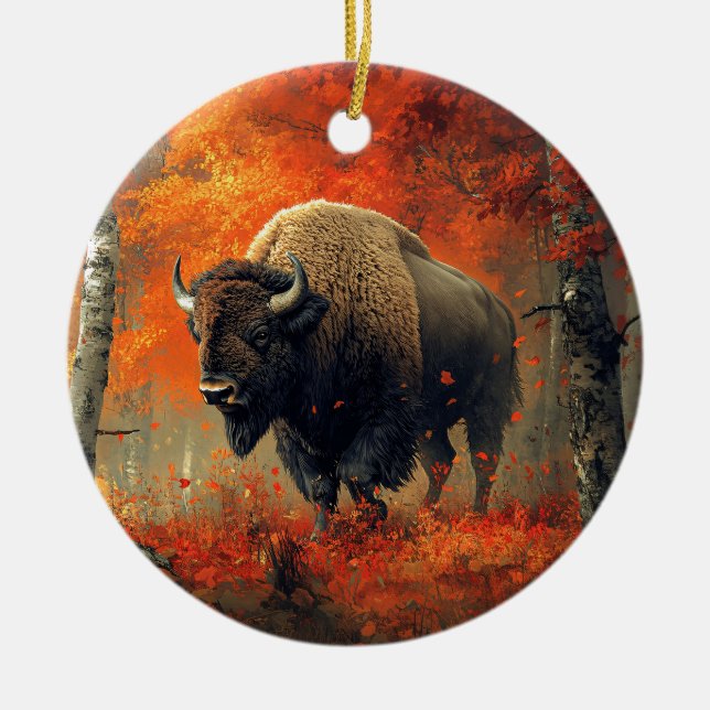Bison in the Autumn Woods Artwork Ceramic Ornament (Front)