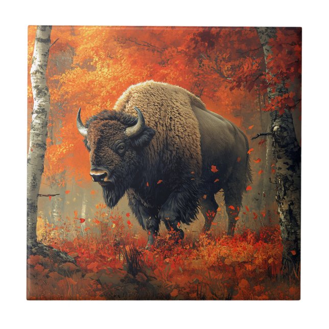 Bison in the Autumn Woods Artwork Ceramic Tile (Front)